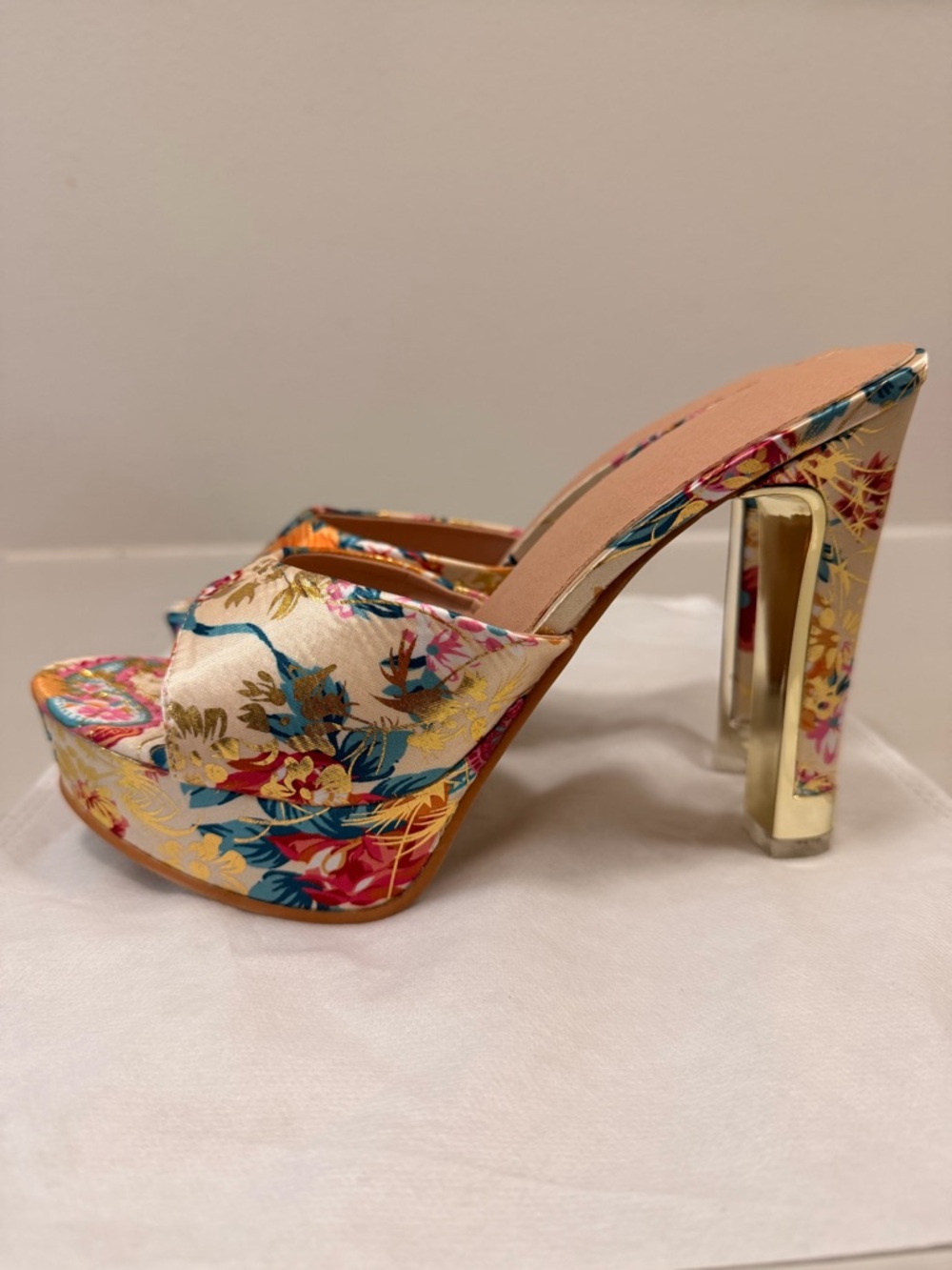Oriental Floral Satin Platform Slide Mules in Cream